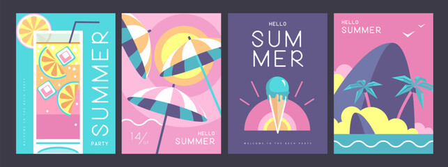 Wall Mural - Set of retro summer posters with summer attributes. Cocktail silhouette, tequila sunrise, beach umbrella, ice cream and tropic island. Vector illustration