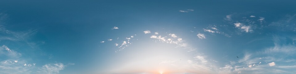 Wall Mural - bright sunset sky panorama with cirrus clouds. seamless hdr spherical 360 panorama. sky dome or zeni
