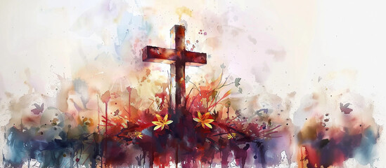 Watercolor Painting of an Isolated Cross in a Flower Meadow