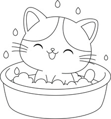 Wall Mural - The cute cat is bathing in the basin coloring page.