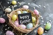 Colorful Easter Egg Basket Paschal season. Happy easter Easter table bunny. 3d orangeade hare rabbit illustration design. Cute Elation festive card Easter Sermon with copy space wallpaper backdrop