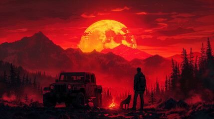 Wall Mural - Man and his dog admire the sunset while camping outdoors
