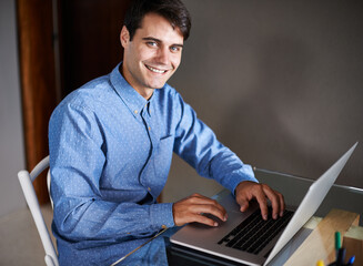 Aufkleber - Business, portrait or happy man with laptop in office for planning, typing or startup company research. Face, smile and male entrepreneur online for chat, search or client, email or web communication