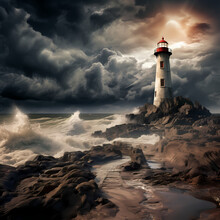 A Coastal Lighthouse Against Stormy Clouds.