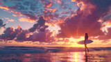 Fototapeta  - A contemplative surfer walks along the beach, the waves reflecting the vibrant tones of the sunset sky