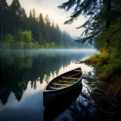 Wall Mural - A serene lake with a canoe in the distance. 