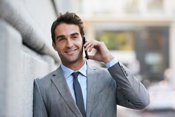 Poster - Lawyer, outdoor and man with phone call in city to client with networking communication and contact. Attorney, smile or businessman in conversation on smartphone at court or law firm for consultation