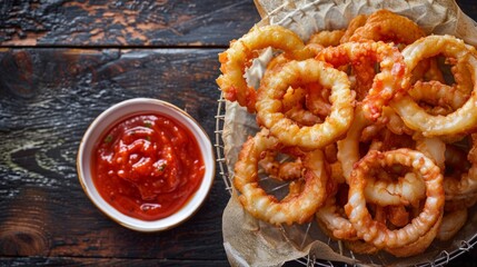 Wall Mural - Golden Fried Calamari Rings with Rustic Marinara Sauce