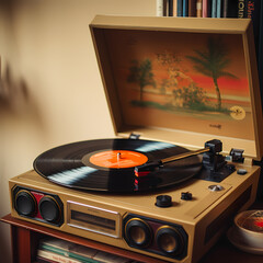 Canvas Print - A vintage record player with vinyl records.