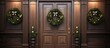 A wooden door fitted with two wreaths, one on each side. The door stands out against the buildings facade, adding a touch of charm and elegance to the entrance.