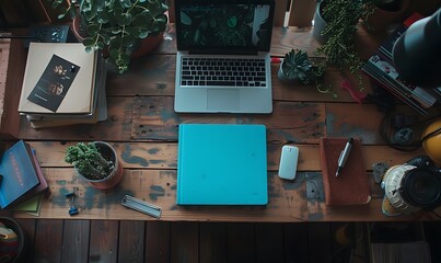 Wall Mural - top view of work space photographer with digital camera, a blue notebook with notepad desk