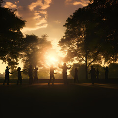 Canvas Print - Silhouettes of people practicing tai chi in a park 