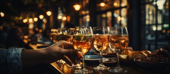 close up hands friends toasting at dinner party