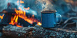 © Valeriia - Sustainable travel traveling in wild nature vacation time-spending trekking backpacking sleeping outside camping advert concept. Blue metal cup of steaming hot beverage drink with fire place