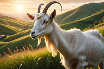 white horned goat grazing in the countryside in a field at sunset, agriculture, village, green grass, beautiful view meadow