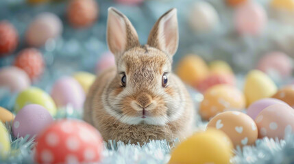 Wall Mural - A rabbit is standing in a pile of Easter eggs. The eggs are of different colors, including yellow, orange, and pink. The rabbit is curious and is looking at the camera