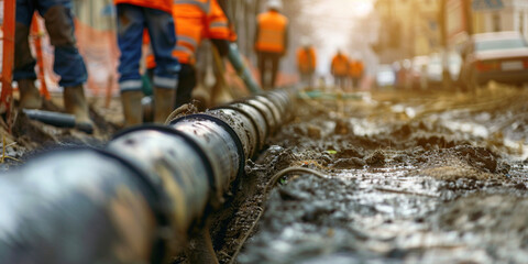 Workers install underground pipes for water, sewerage electricity and fiber optics for the population of an urban center. Construction of drinking water plumbing pipeline repair in winter time concept