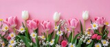 Fototapeta Tulipany - Pink and white flowers on pink background