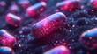 Pharmacy theme: 3d illustration of red and blue pills on dark background