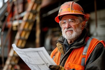 Wall Mural - Senior construction worker with hard hat and safety vest reviewing blueprints at site, embodying experience and professionalism in engineering