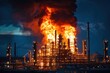 Industrial plant emitting fiery explosion at night, concept of emergency, industrial hazard, and environmental impact