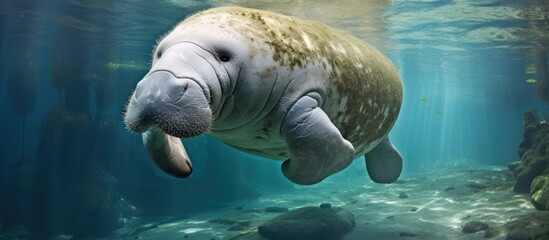 Wall Mural - A manatee, identified as the island manatee Trichechus manatus manatus, is swimming in the water with its mouth wide open. The large aquatic mammal is captured in motion as it moves through its