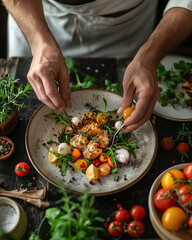 Wall Mural - Male hands are preparing roasted chicken fillet with vegetables on a plate.