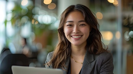 Wall Mural - young happy successful business woman working with laptop in corporate office  