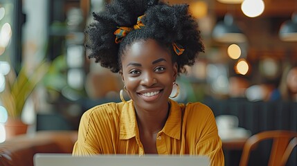 Wall Mural - young happy successful business woman working with laptop in corporate office  