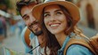 happy couple on vacation sightseeing city with map people travel fun honeymoon concept  