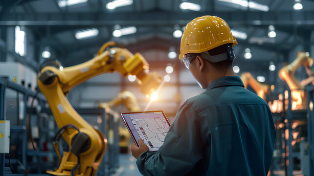 A man in a yellow helmet is working on a robot in a factory. He is holding a tablet and he is focused on his work. Concept of precision and technical expertise