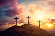 showing three crosses on a hill. This imagery represents the crucifixion and resurrection of Jesus Christ, celebrated on Easter Sunday