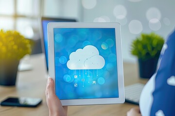 A digital tablet displaying a cloud computing interface on a desk with IT gadgets