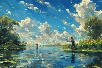 Wall Mural - Father and son fishing together by the lake happily on holiday. AI Generated