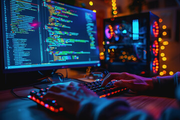 Programmer's hands on keyboard writing source code, screen showing code. AI Generated