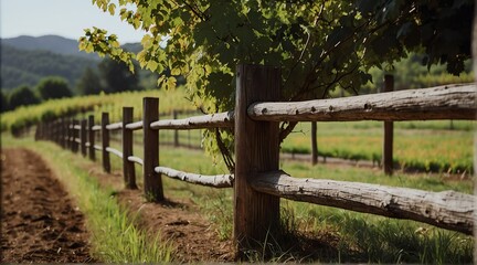 Wall Mural - wooden fence on side of a vineyard from Generative AI