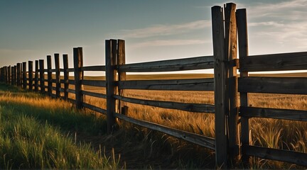 Wall Mural - wooden fence on side of a wheat fields farm from Generative AI