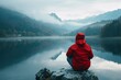 Wanderer in roter Jacke an einem See in den Bergen 