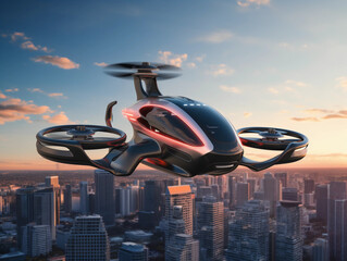 Wall Mural - futuristic manned roto passenger drone flying in the sky over modern city for future air transportation and robotaxi concept as wide banner with copy space area 