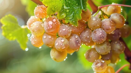 Poster - white grapes on vine with rain drops, in the style of light crimson and purple, national geographic photo, high quality photo, ultrafine detail, creative commons attribution, texture-rich layers 