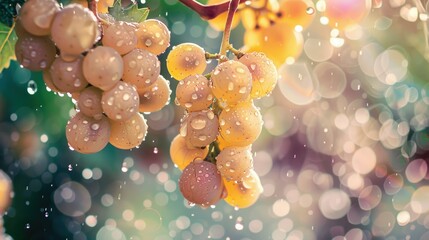 Poster - white grapes on vine with rain drops, in the style of light crimson and purple, national geographic photo, high quality photo, ultrafine detail, creative commons attribution, texture-rich layers 