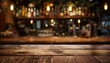 Top of Wooden table with Blurred Bar restaurant background