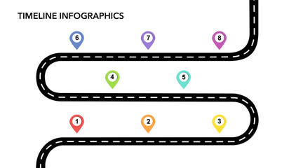 Business road map infographic 8 steps timeline concept vector illustration.