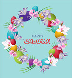 Fototapeta Boho -   Easter decoration with a wreath of flowers and Easter eggs