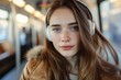 Junge Frau mit Kopfhörern in einer Straßenbahn / U-Bahn 