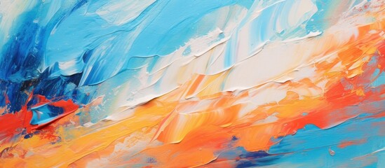 Poster - This abstract painting features a vibrant mix of blue, orange, and white colors. The artwork showcases a contemporary style with brushstrokes of paint and spots of oil paint on canvas.