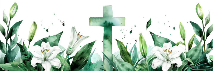 Elegant watercolor illustration of white lilies and green leaves with a central faded cross, suitable for Christian religious events with space for text