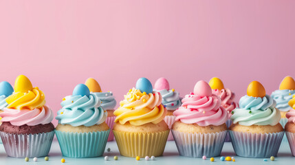 Canvas Print - Easter-themed cupcakes with pastel-colored frosting and egg decorations on a pink background with copy space for text