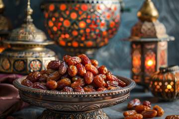 Sticker - Traditional Middle Eastern Ramadan food with dates in an ornate bowl and lanterns, creating an atmospheric background for the holiday