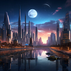 Wall Mural - A futuristic cityscape at dusk.